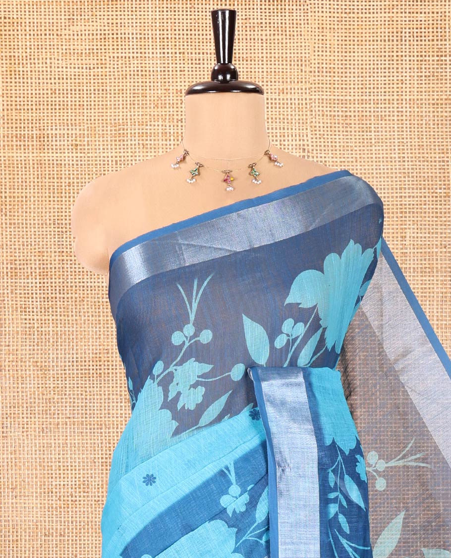 Blue Linen Cotton Saree, Beautified with Silhouette-Style Floral Vine Printed on Its Body, Subtly Zari Bavanji Border, Pallu of Same Floral Print, and Paired with a Matching Blouse