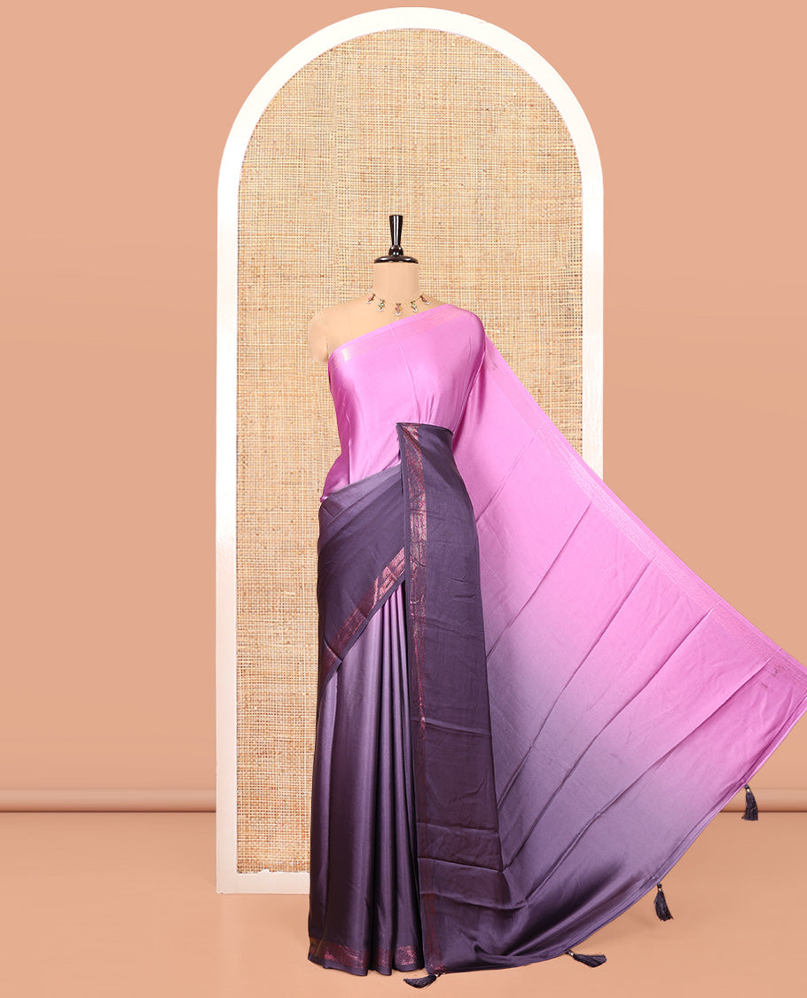 Violet Ombre Plain Satin Crepe Saree, Subtle Zari Border, Plain Pallu, and Comes without a Blouse