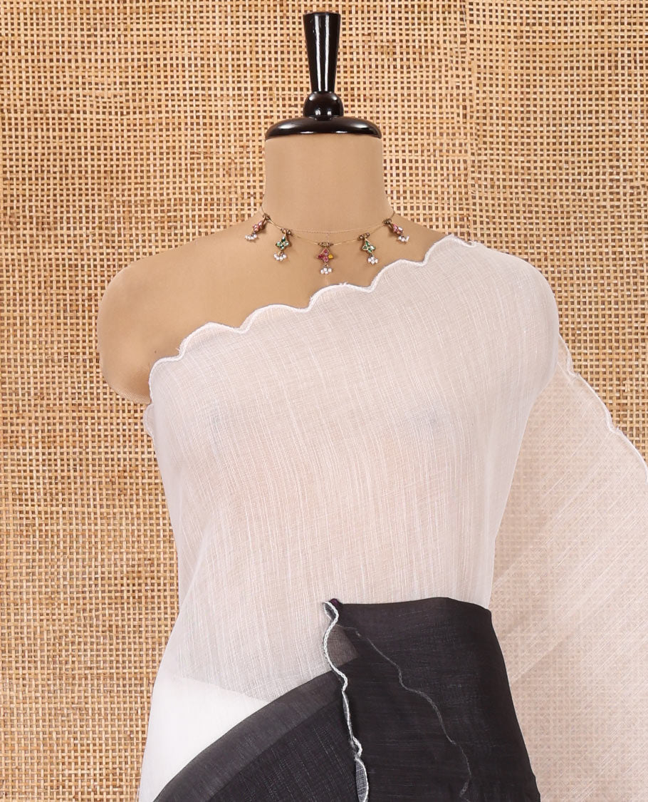 Black and White Ombre Dyed Linen Cotton Saree, Subtle Scallop Border, Paired with a Face Printed Blouse