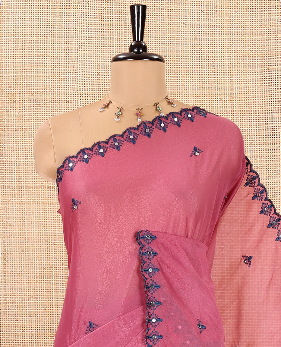 Onion Pink Rangoli Chiffon Saree, Detailed with Thread and Mirror Work Buttas on Its Body, Subtle Scallop Embroidered Border, Embroidered Pallu, and Paired with a Contrast Mirror Work Blouse