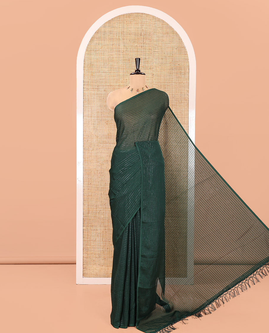 Borderless Bottle Green Chiffon Saree, Gleamed Up with Horizontal Stripes on Its Body, a Self-Pallu, and Comes Without a Blouse