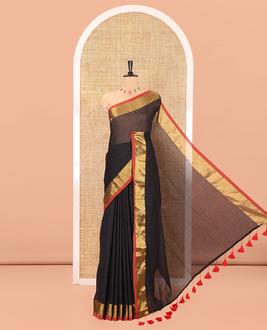 Black Plain Khadi Mul Cotton Saree, Complemented by a Contrast Zari Border, a Self-Pallu, and Paired with a Matching Blouse