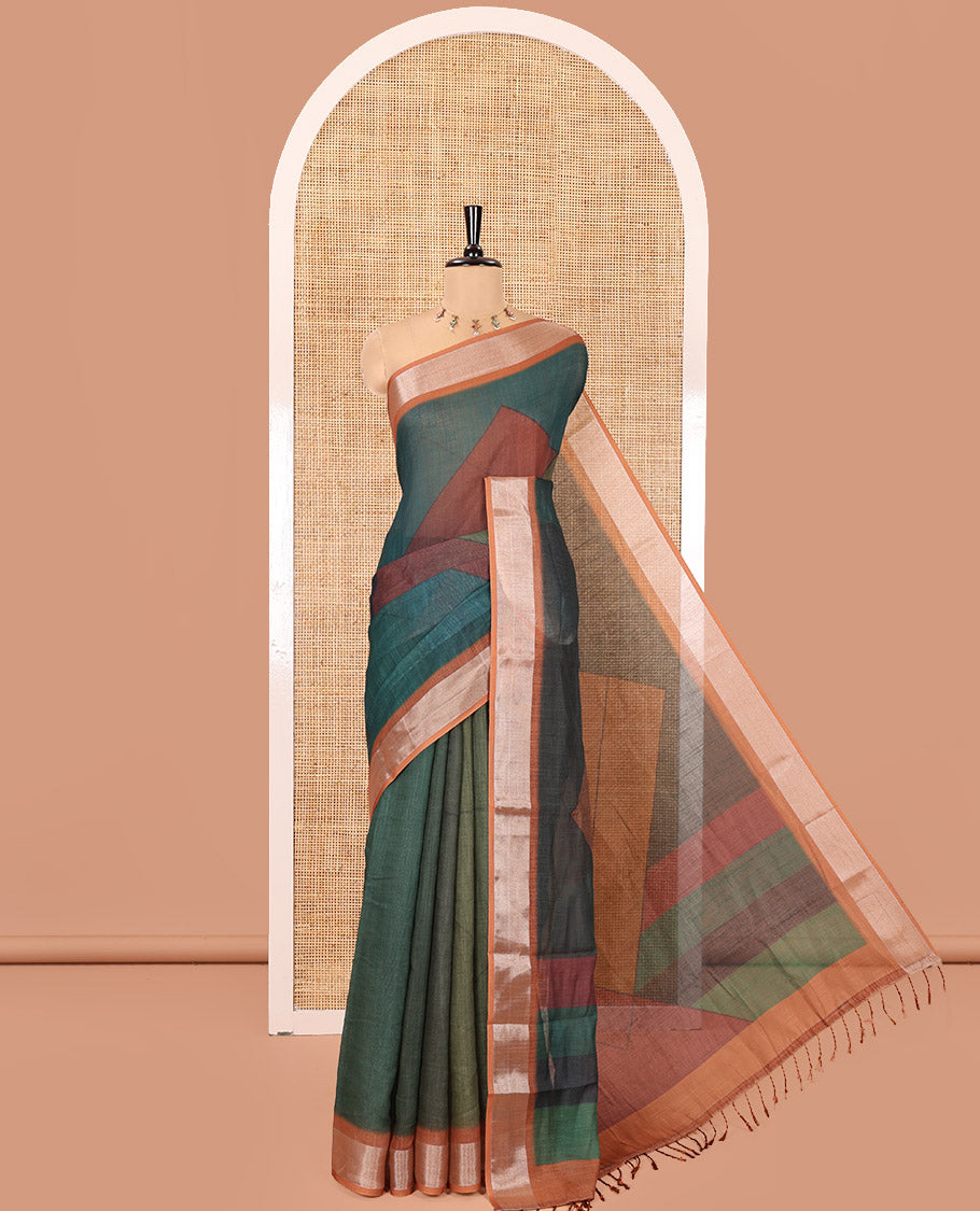 Green Linen Cotton Saree, Elevated with Geometric Print on Its Body, Complemented by Contrast Zari Border, Geometric Printed Pallu, and Paired with a Contrast Blouse