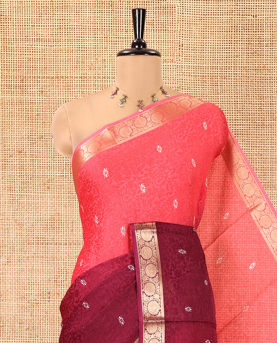 Pink and Wine Candy Chiffon Saree, Decorated with Floral Vine Embossed, Buttas, and Ombre-Style Dyed on Its Body, Highlighted by Floral Creeper Zari Border, Intricately Designed Pallu, and Paired with a Contrast Blouse