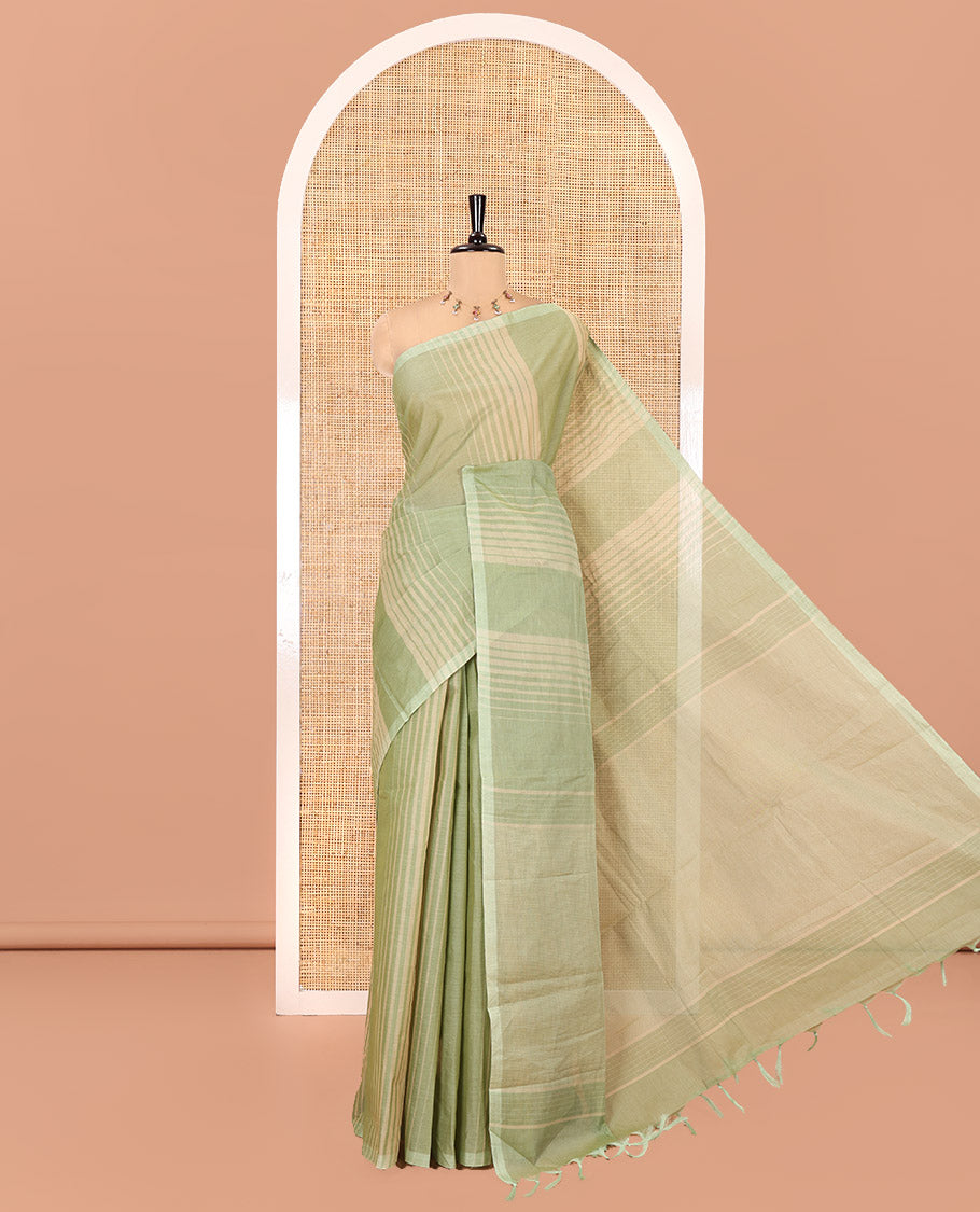 Borderless Green Negamam Cotton Saree, Subtly Sparkled with Stripes All Over Its Body, a Self-Pallu, and Paired with a Matching Blouse