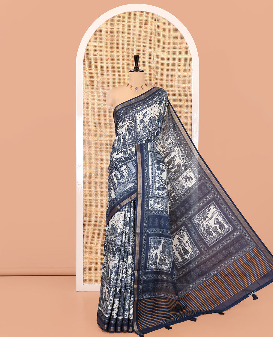Indigo Blue Muslin Cotton Saree, Artfully Adorned with Village-Themed Agricultural Scene Printed on Its Body, a Subtle Border, Striped Pallu, and Paired with a Matching Blouse