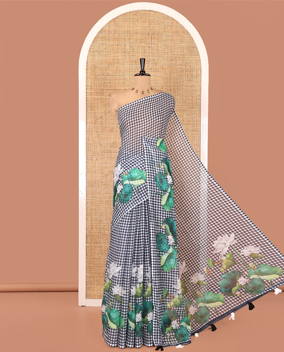 Borderless Black Linen Cotton Saree, Embellished with Micro-Checks and Pichwai Lotus Print, a Subtle Pallu, and a Matching Blouse