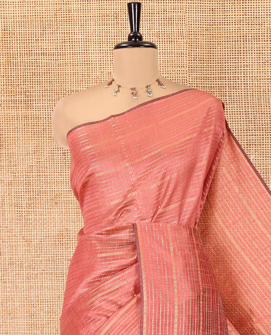 Borderless Onion Pink Semi-Raw Silk Saree, Embellished with Muthu Stripes on Its Body, Complemented by a Contrast Zari Striped Pallu, and Paired with a Contrast Blouse