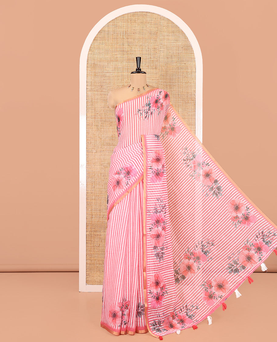 Pink Linen Cotton Saree, Subtly Sparkled With Vertical Stripes, and Floral Motifs Print, A Subtle Piping Border, Floral Printed Pallu and a Matching Blouse