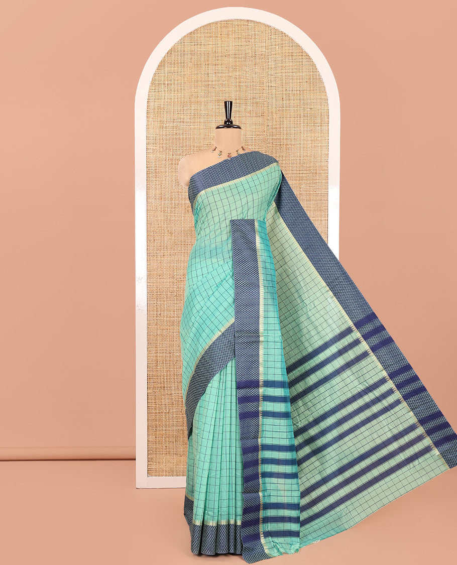 Sea Green Checked Mercerised Cotton Saree, Contrast Temple Ara Maadam Border, Striped Pallu, and Matching Blouse