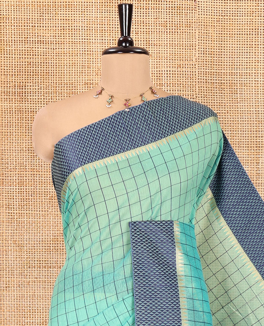 Sea Green Checked Mercerised Cotton Saree, Contrast Temple Ara Maadam Border, Striped Pallu, and Matching Blouse