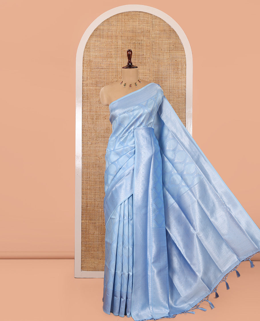 Blue Elite Soft Silk Saree, Subtly Sparkled with Ogee Jacquard Design, a Traditional Zari Border, Zari Pallu, and a Matching Blouse