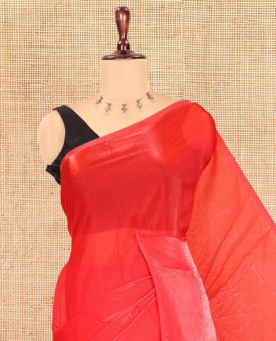 Borderless Red Plain Fendi Chiffon Saree, a Self-Pallu, and a Matching Peacock Embroidered Blouse