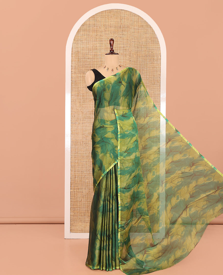 Borderless Green Rangoli Chiffon Saree, Accentuated with All-Over Abstract Print, and Comes Without Blouse