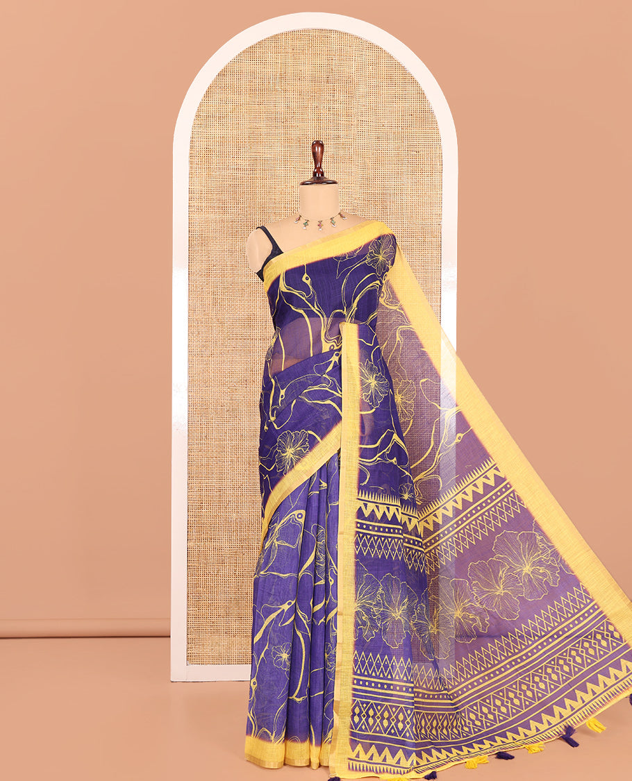 Royal Blue Abstract Printed Linen Cotton Saree, Complemented by a Contrast Border, Floral Printed Pallu, and a Contrast Blouse