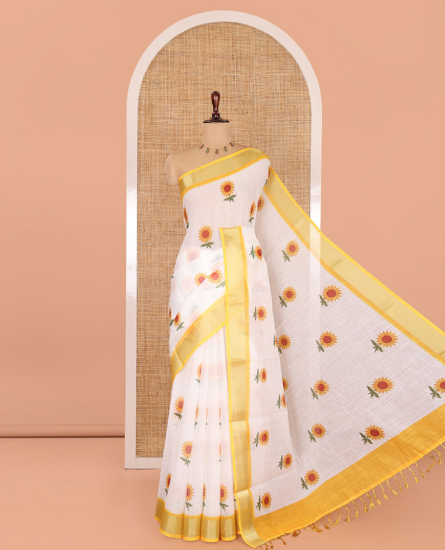 White-Yellow Linen Cotton Saree, Prettified with Sunflower Print, a Contrast Border, and a Contrast Blouse