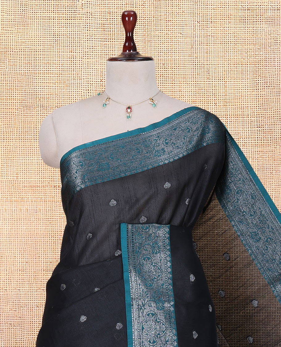 Black Semi-Raw Silk Saree Features Thread Buttas, Contrast Intricate Border, Striped Pallu, and a Contrast Blouse