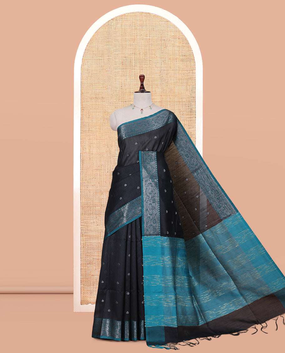 Black Semi-Raw Silk Saree Features Thread Buttas, Contrast Intricate Border, Striped Pallu, and a Contrast Blouse