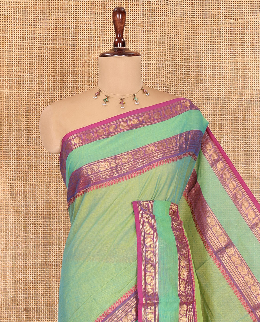 Sea Green Plain Chettinad Cotton Saree, Complemented by a Contrast Rettai Pettu Traditional Border, Striped Pallu, and Matching Blouse