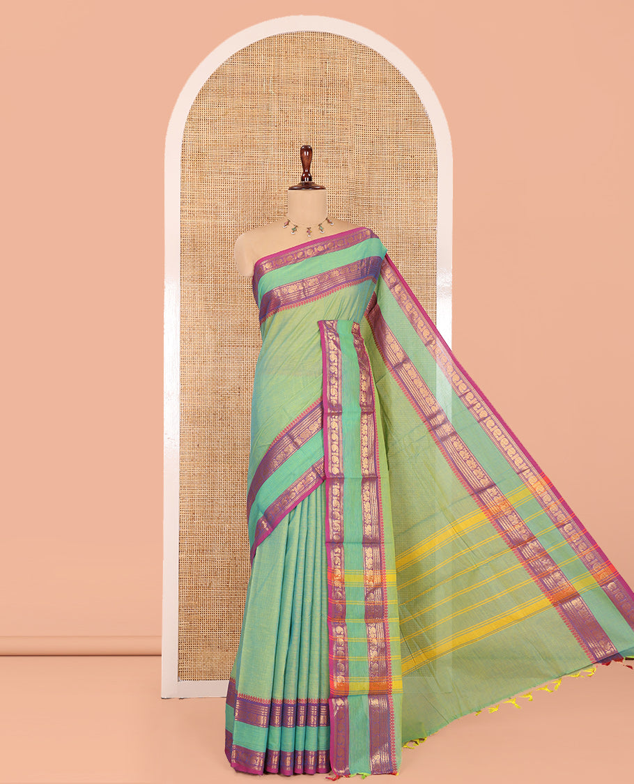 Sea Green Plain Chettinad Cotton Saree, Complemented by a Contrast Rettai Pettu Traditional Border, Striped Pallu, and Matching Blouse