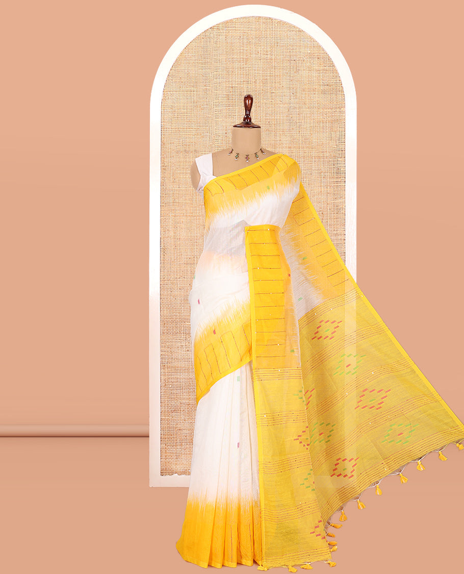 Cream-Yellow Khadi Cotton Saree, Subtly Woven with Buttas, Contrast Sequins Striped Blouse, Contrast Blouse
