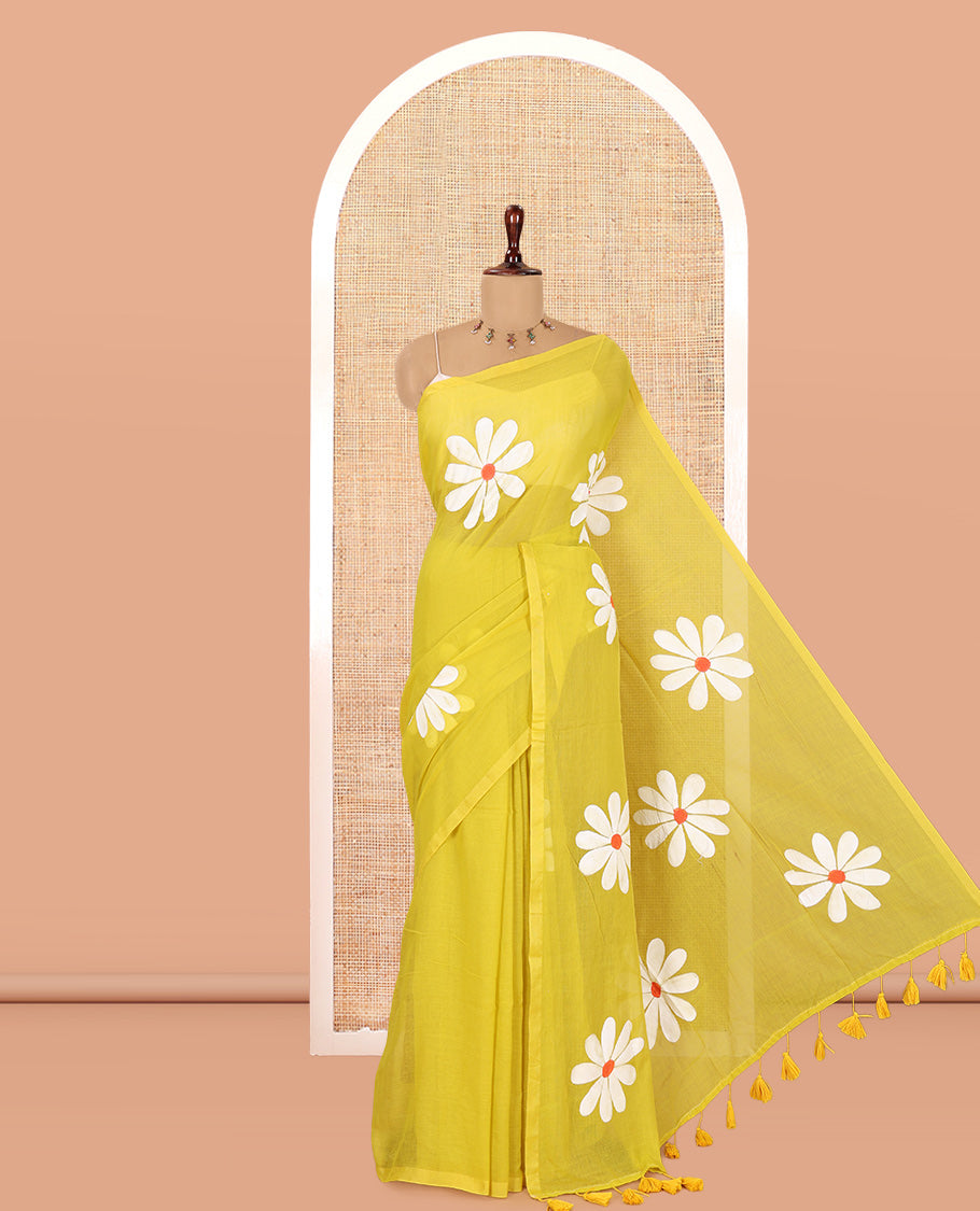 Borderless Lemon Yellow Daisy Flower Printed Khadi Mul Cotton Saree Without Blouse