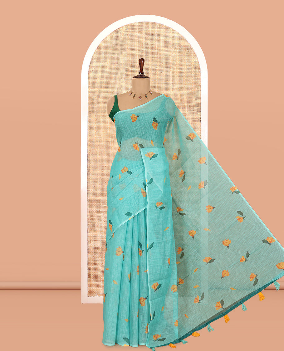 Borderless Rama Floral Motif Printed Linen Cotton Saree Comes with a Contrast Printed Blouse