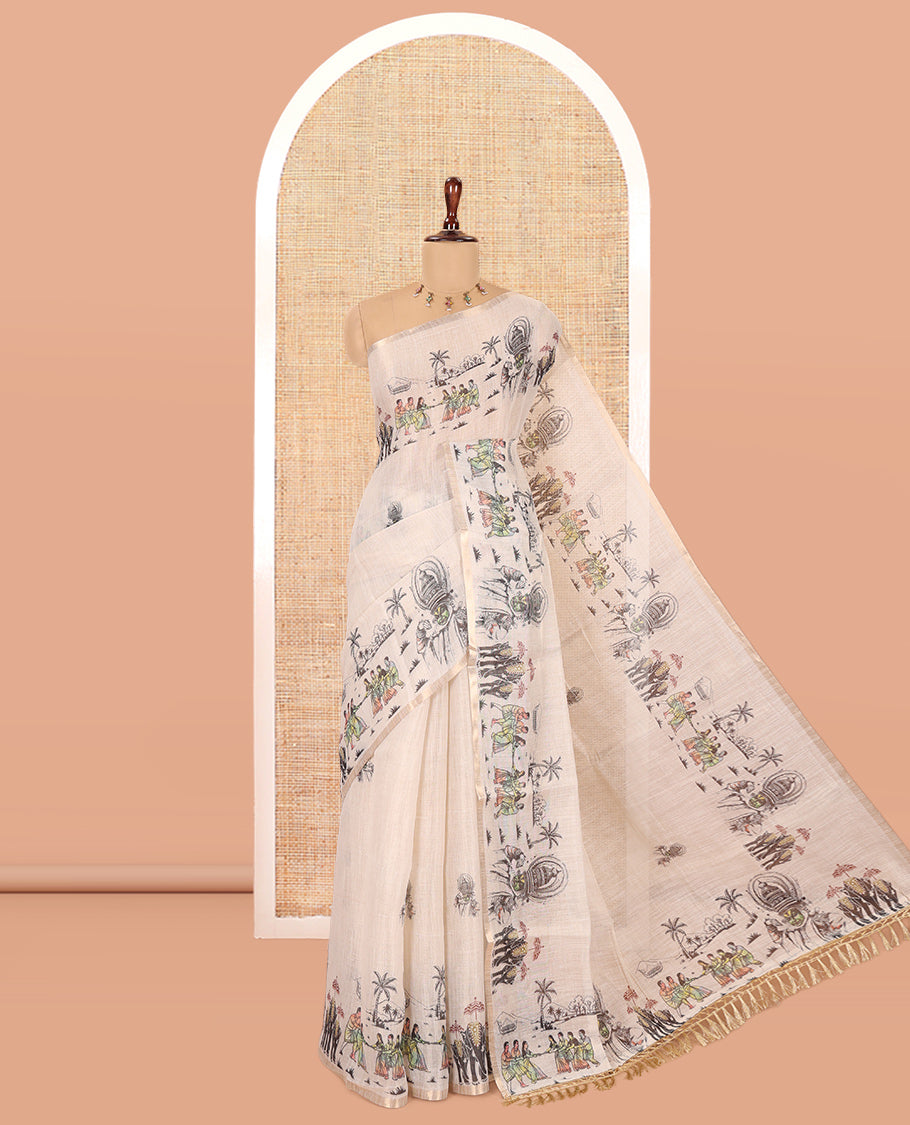 Cream Tissue Saree Features Kerala Kathakali-Themed Print, a Zari Border, Kerala-Theme Pallu, and Matching Blouse