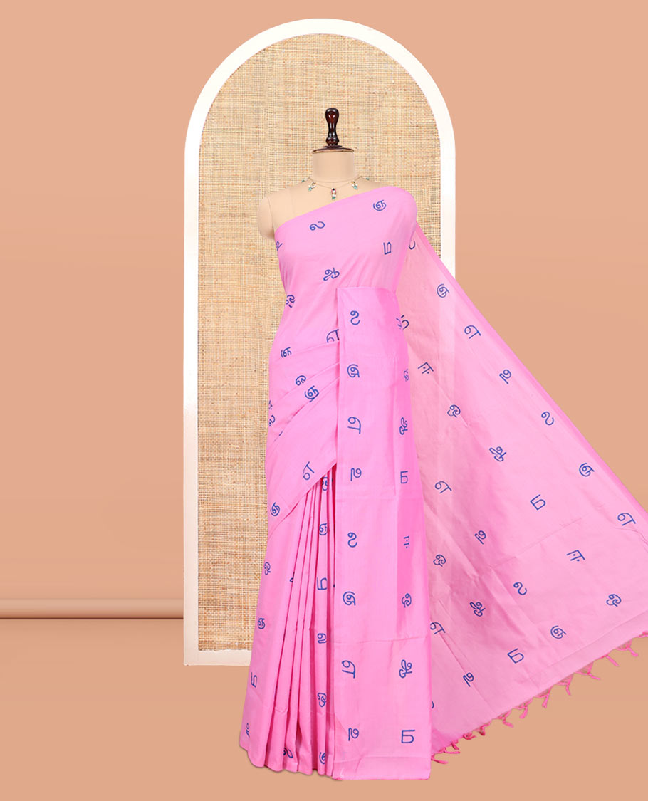 Borderless Pink South Cotton Saree, Steeped with Tamil Letters Print, Has a Matching and Contrast Block Printed Blouse