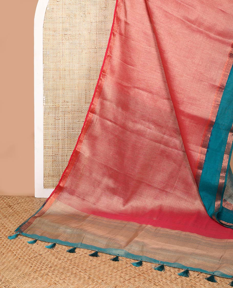Pink kicha tissue saree with contrast zari bentex border & zari pallu along with contrast blouse