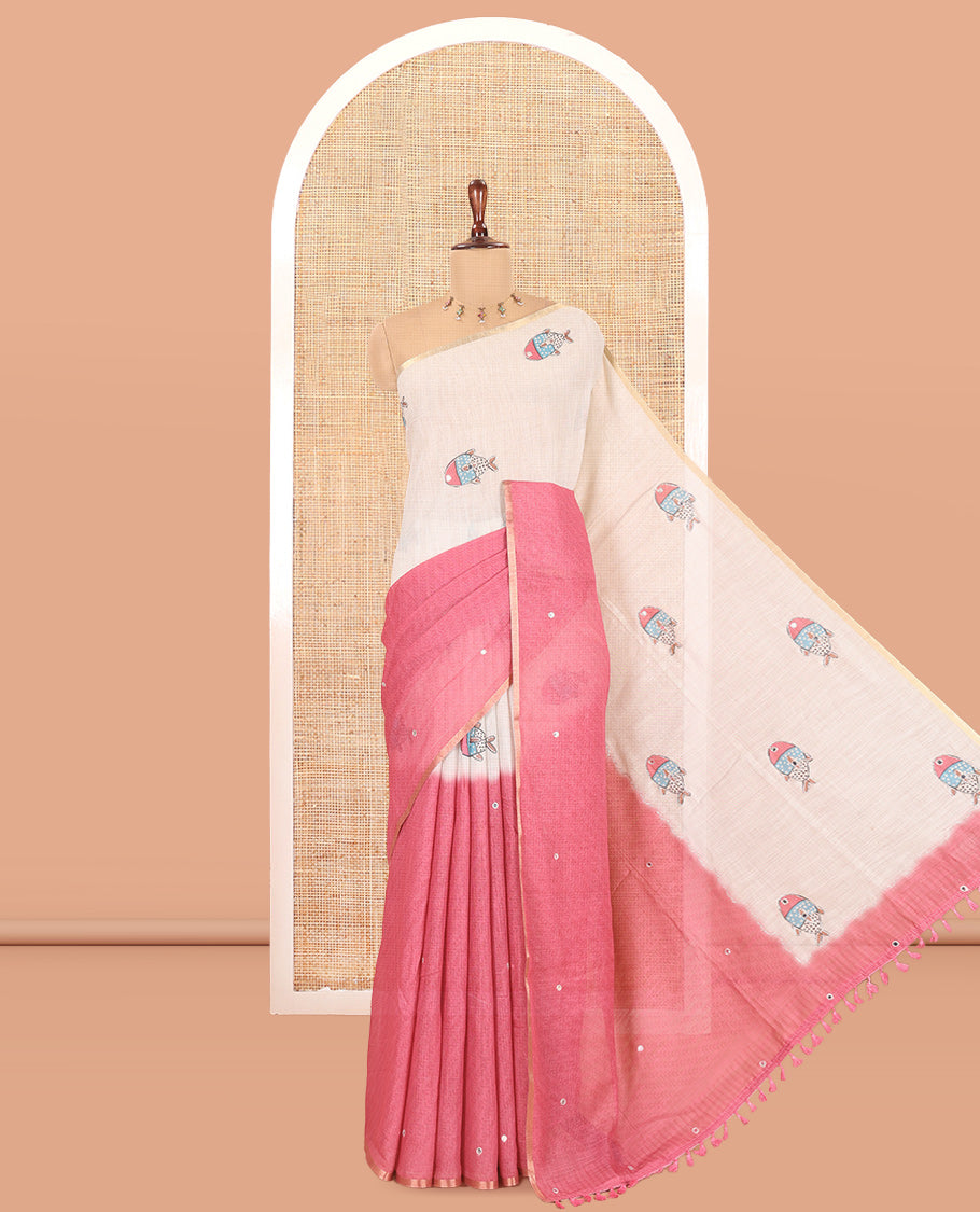 Cream-Pink Linen Cotton Saree Features Fish Butta and Mirror Work, a Piping Border, a Self-Pallu, a Contrast Blouse