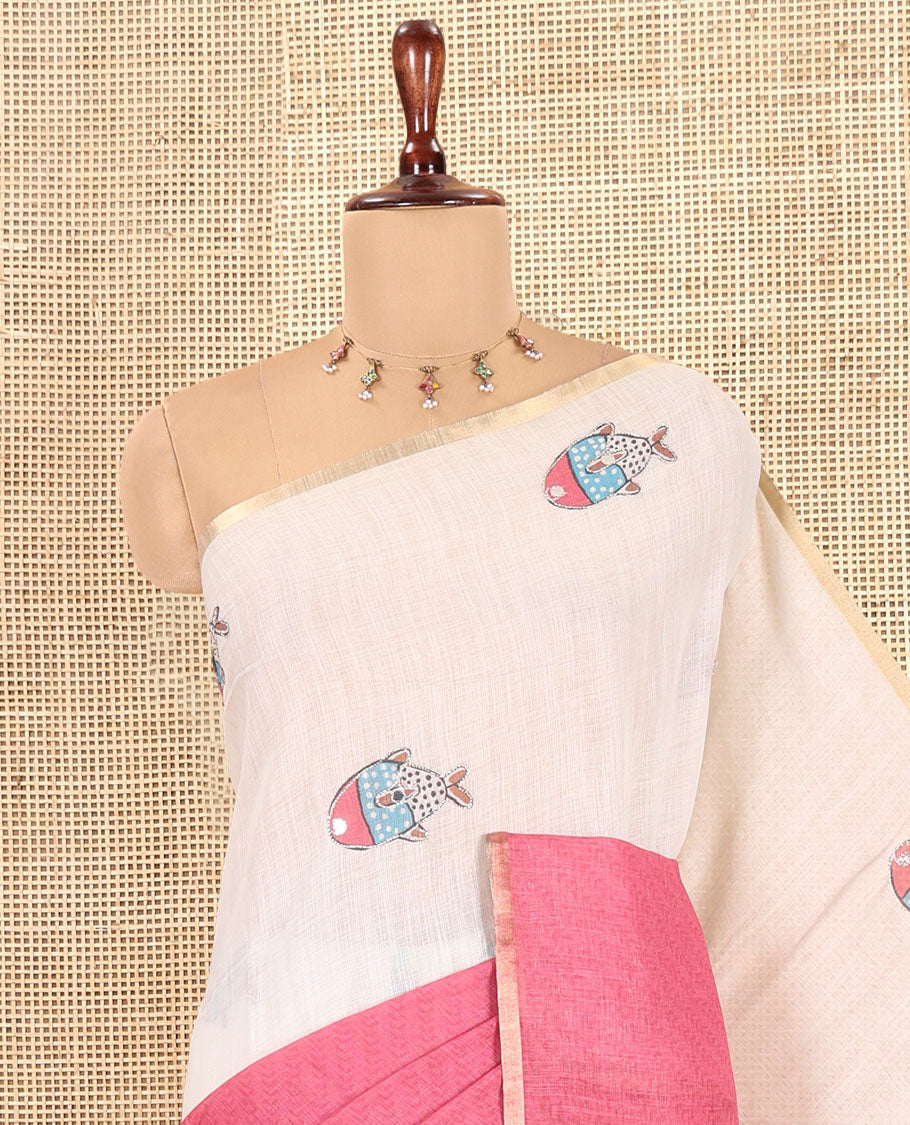 Cream-Pink Linen Cotton Saree Features Fish Butta and Mirror Work, a Piping Border, a Self-Pallu, a Contrast Blouse
