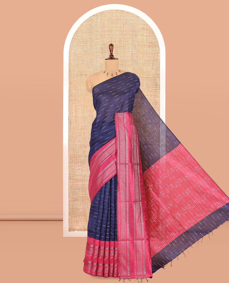 Navy Blue-Pink Semi-Raw Silk Saree, Subtly Sparkled with Thread Stripes, a Contrast Traditional Zari Border, Checked Pallu, and a Contrast Blouse