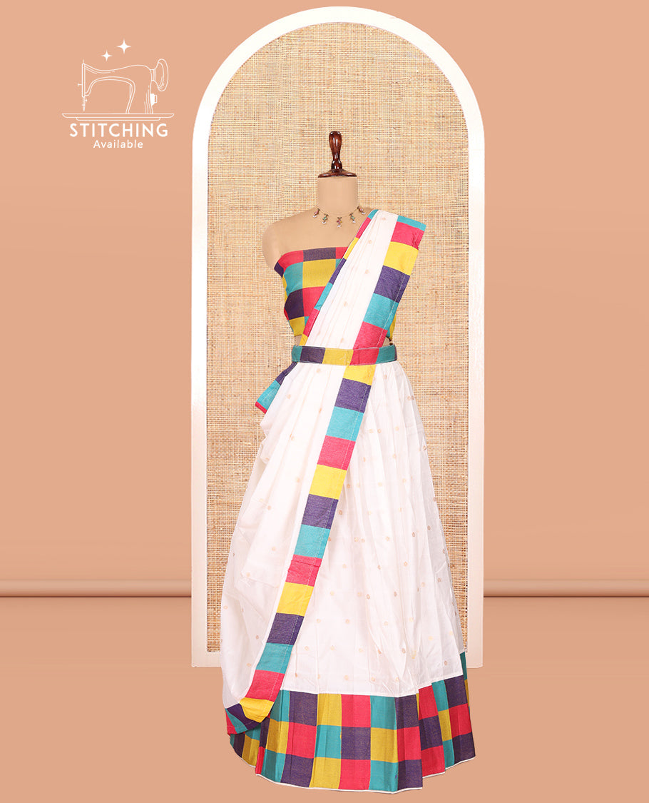 Cream Banarasi Silk Half-Saree Features Buttas Skirt, Contrast Madras Checked Blouse, and a Matching Semi-Silk Dhavani