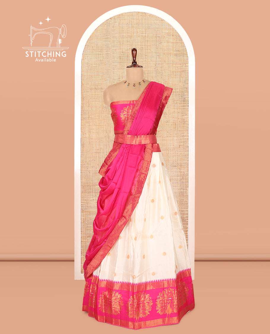 Cream-Rani Pink Semi-Silk Half-Saree