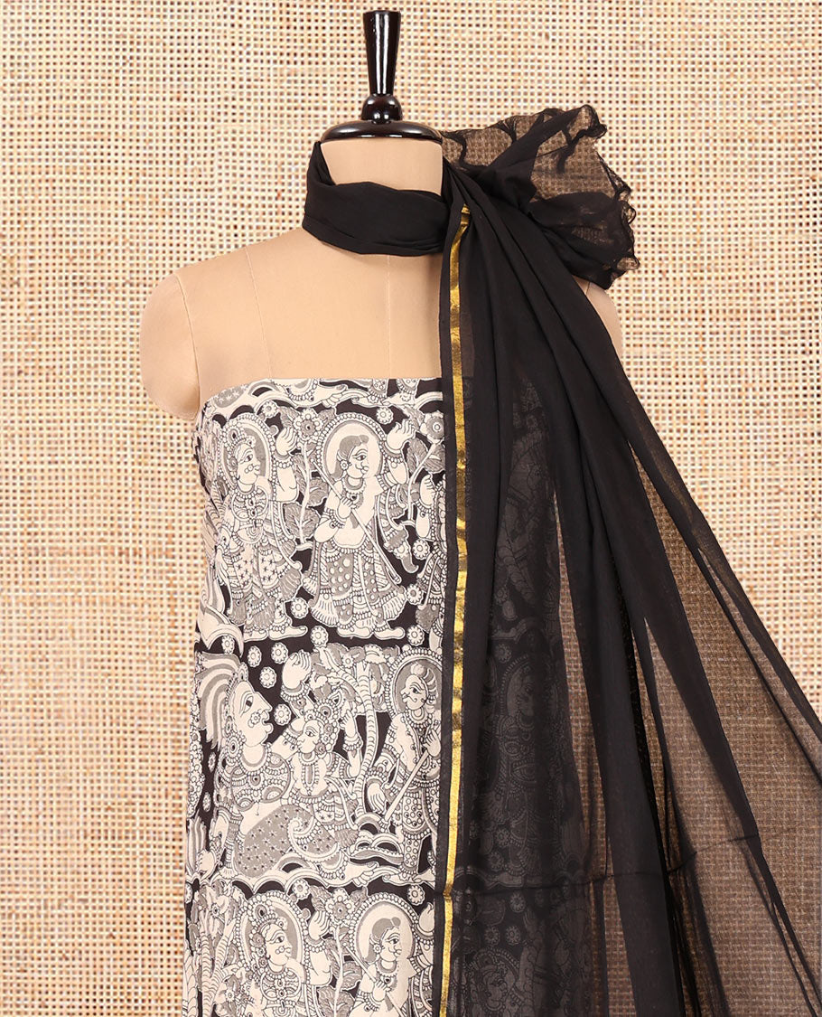 Chikku-Black Cotton Material Churidar Features Butta-Enclosed Checked Top, Contrast Bottom, and Contrast Dupatta