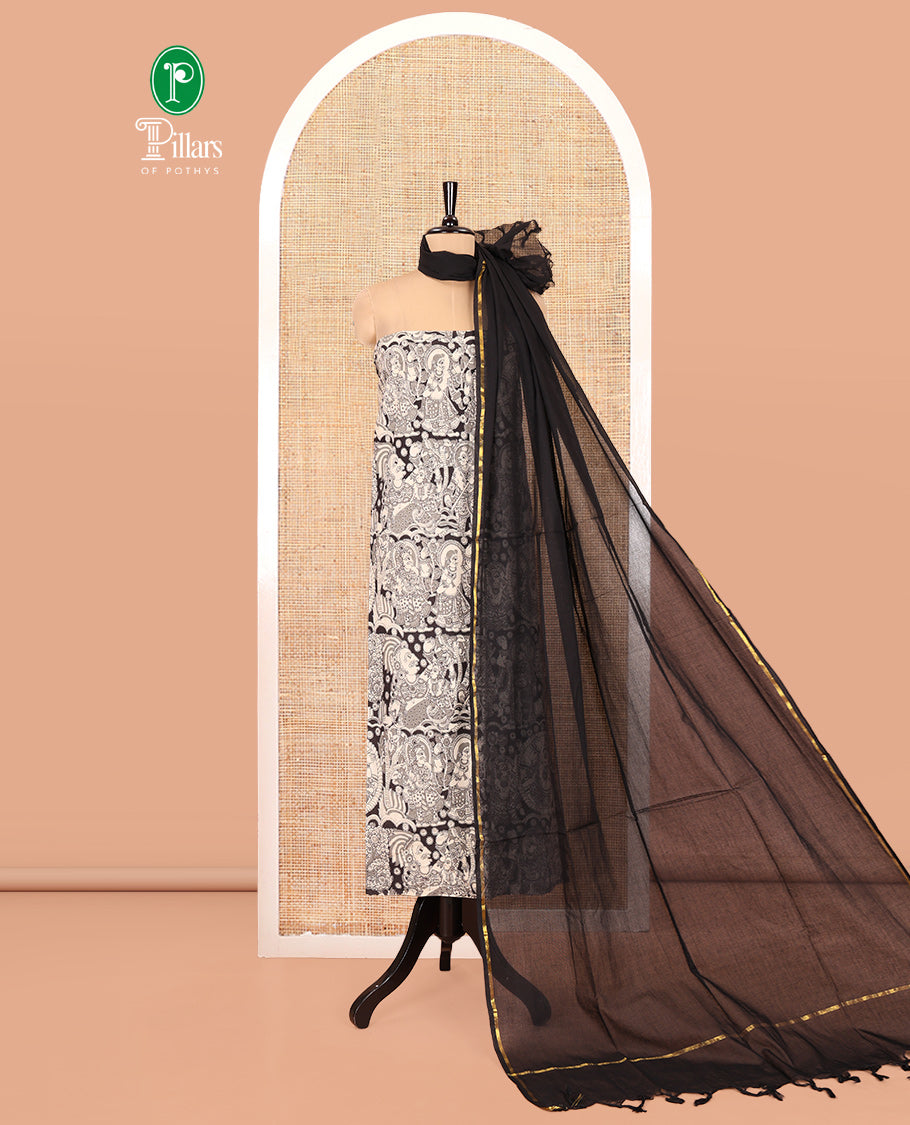 Chikku-Black Cotton Material Churidar Features Butta-Enclosed Checked Top, Contrast Bottom, and Contrast Dupatta
