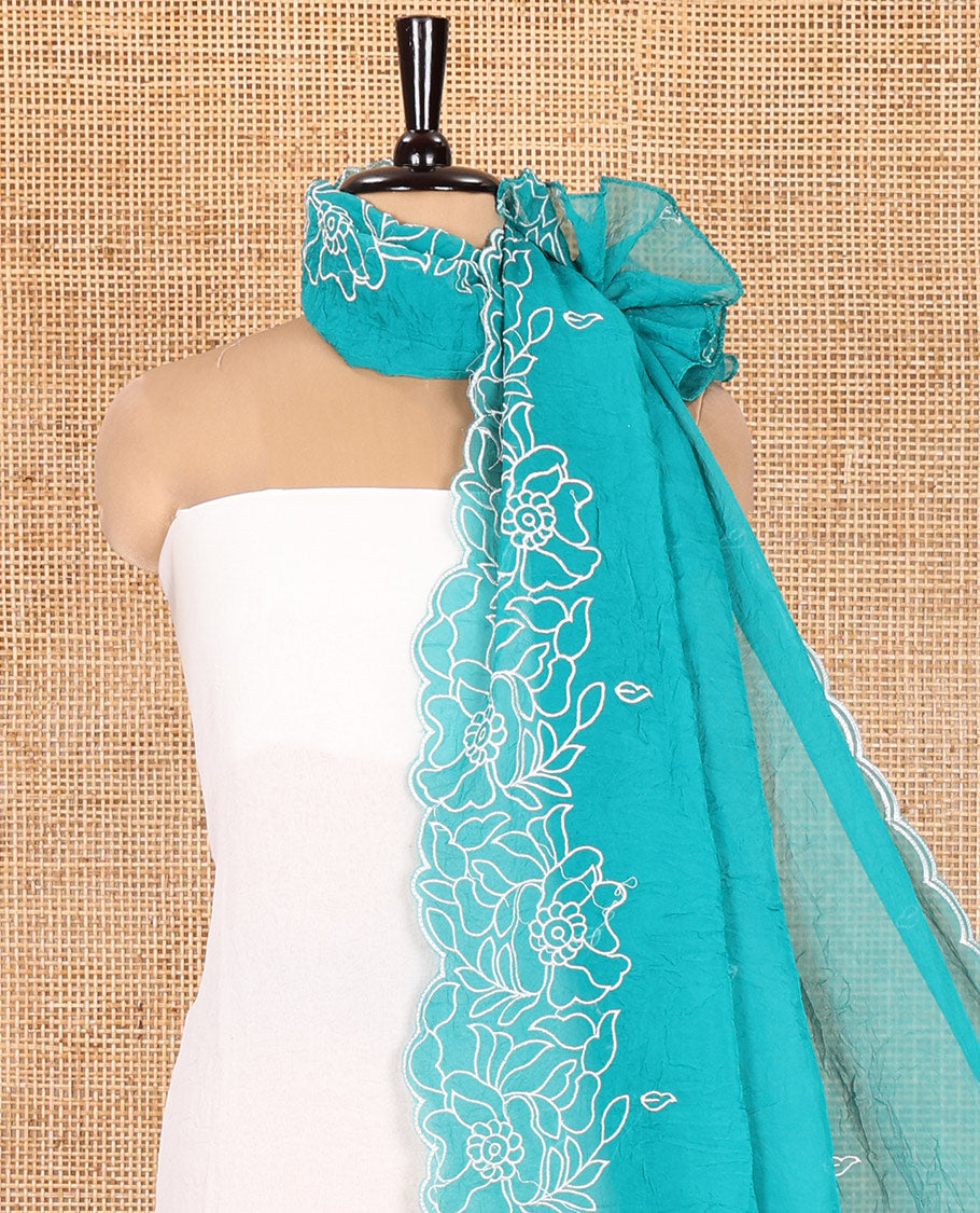 Cream-Firozi Blue Organza Material Chudidar, Floral Thread Embroidery Top, Contrast Bottom, and Embroidered Scallop Dupatta