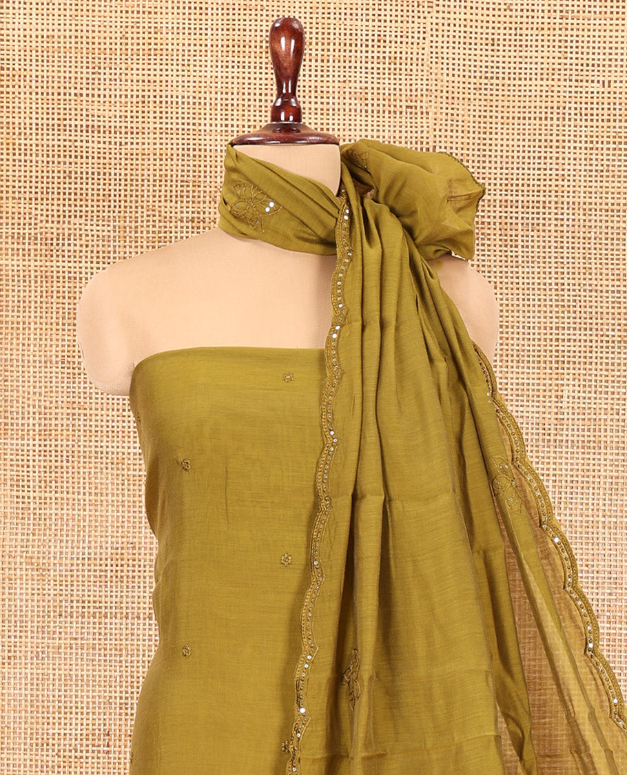 Mehendi Green Mul Chanderi Material Chudidar Set, Floral Embroidered Top, Plain Bottom, and Scallop Embroidered Dupatta