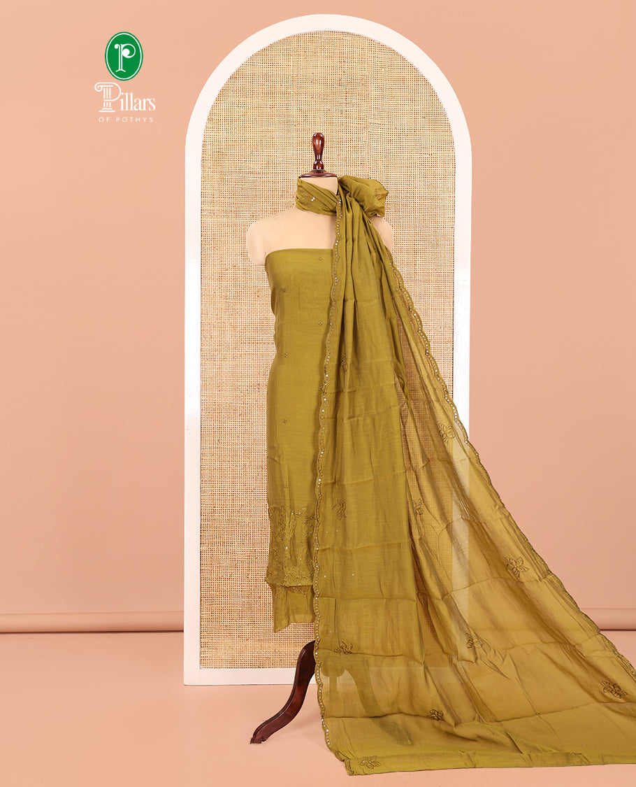 Mehendi Green Mul Chanderi Material Chudidar Set, Floral Embroidered Top, Plain Bottom, and Scallop Embroidered Dupatta