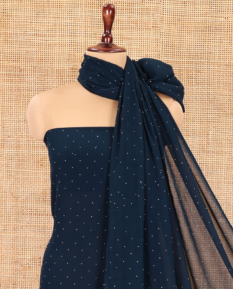 Peacock Blue Material Chudidar Set, Enriched with Swarovski Stonework and Floral Fox Georgette Top, a Plain Bottom, and Stonework Dupatta