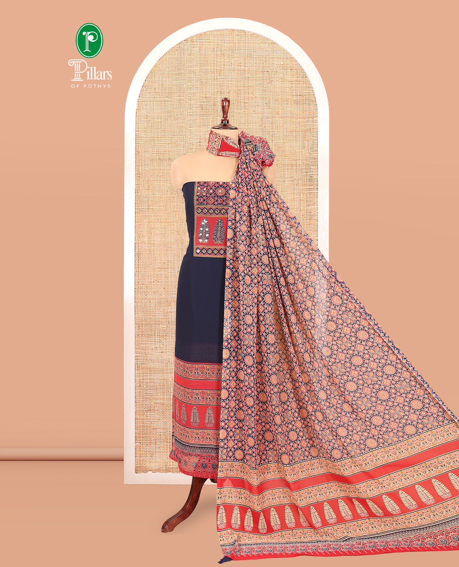 Navy Blue Georgette Material Churidar, Ajrakh Print and Mirror Work Top, a Matching Bottom, and Ajrakh Printed Dupatta