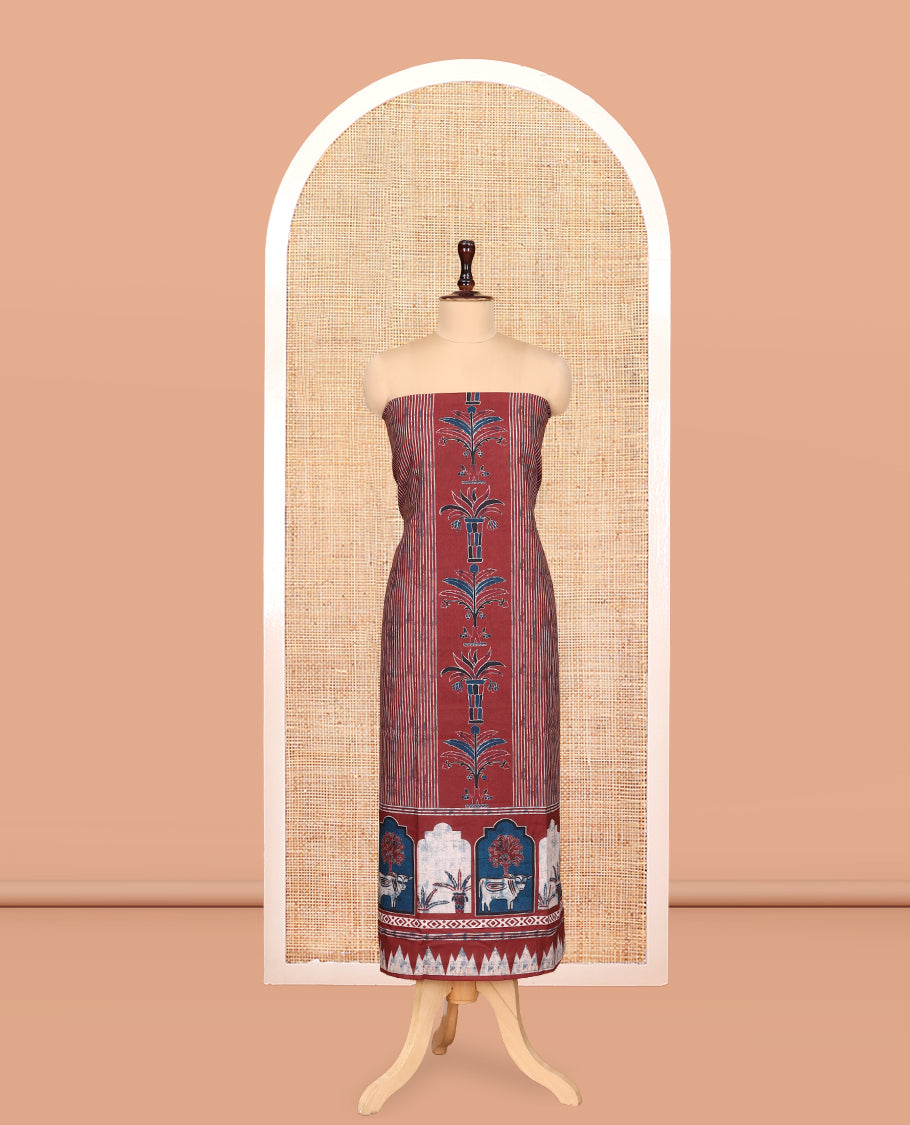 Maroon Cotton Material Churidar Set, Mughal-Style Printed Top, a Plain Bottom, a Mughal-Style Printed Dupatta