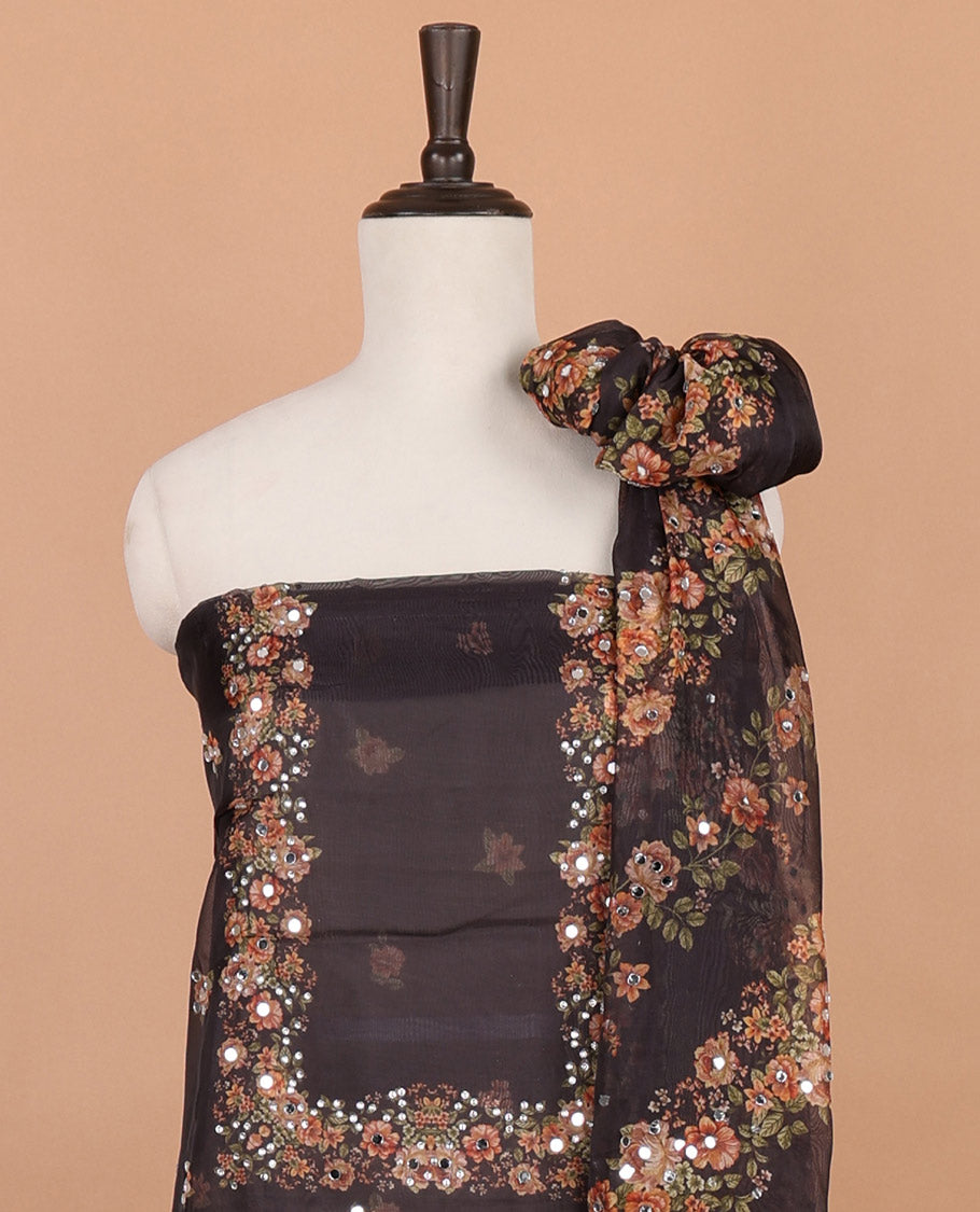 Black floral print, stone, mirror work organza chudidhar material top with santoon material pant & floral print, mirror work dupatta