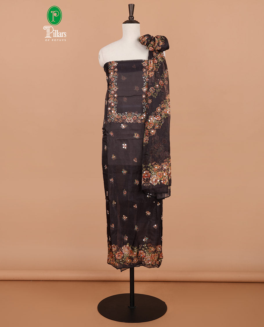Black floral print, stone, mirror work organza chudidhar material top with santoon material pant & floral print, mirror work dupatta