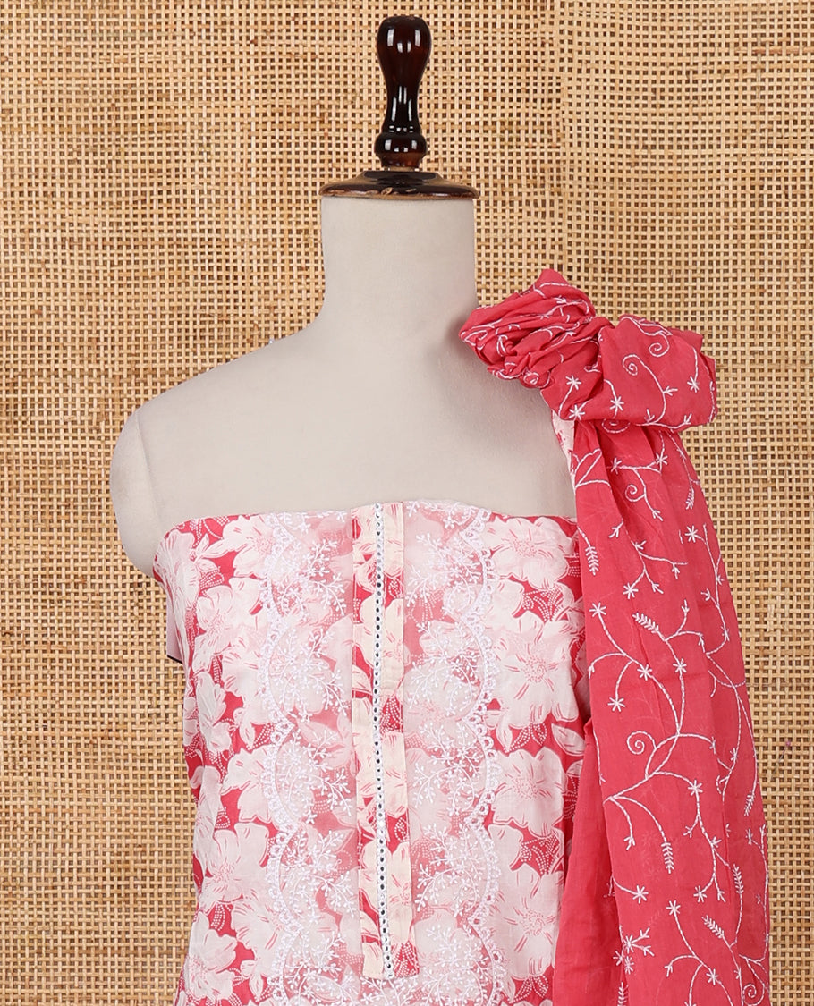 Pink cotton chudidar material set,floral print with daman floral neck embroidery top,plain bottom & floral jaal embroidery dupatta