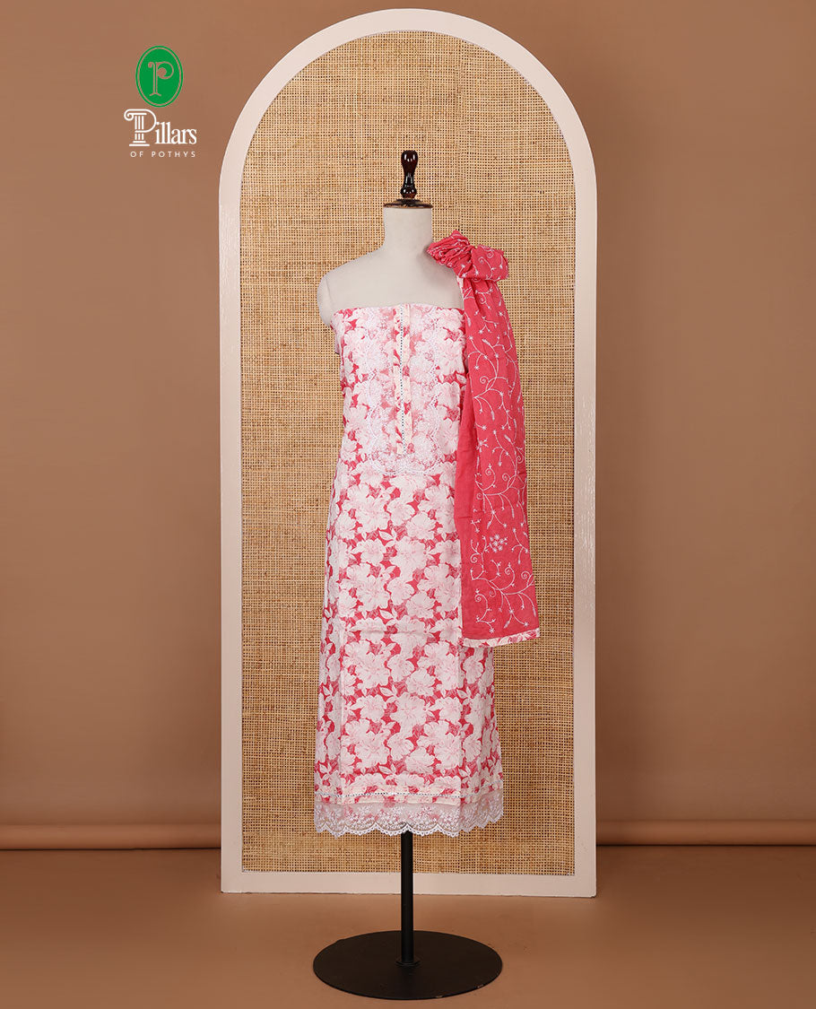 Pink cotton chudidar material set,floral print with daman floral neck embroidery top,plain bottom & floral jaal embroidery dupatta