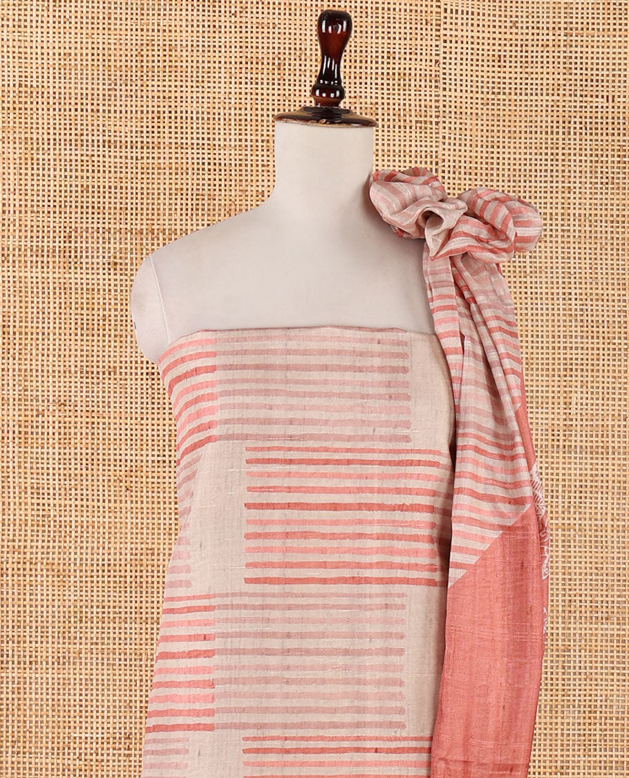 Chikku semi-tussar material chudidar set,geometric & round peacock motif print top, peach bottom & geometric & round peacock print dupatta