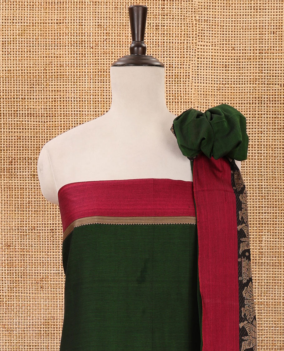 Green mercerised cotton material chudidar set, Madhubani-style bride-groom motif woven top, bottom & dupatta