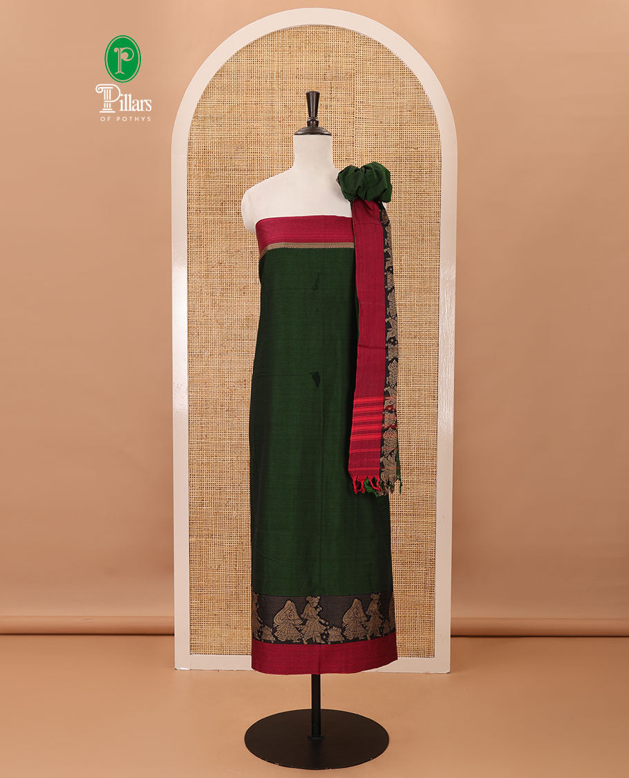 Green mercerised cotton material chudidar set, Madhubani-style bride-groom motif woven top, bottom & dupatta